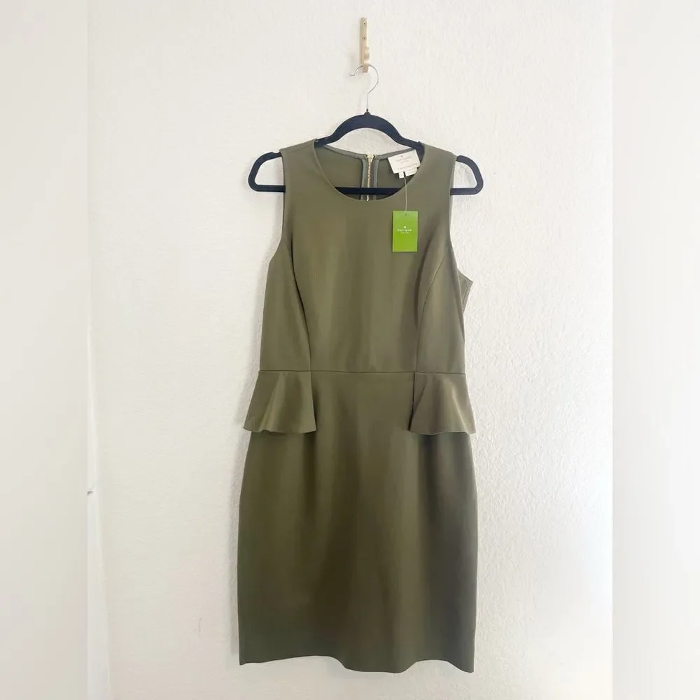 Kate Spade Olive Green Peplum Sheath Dress Havana 10. NWT